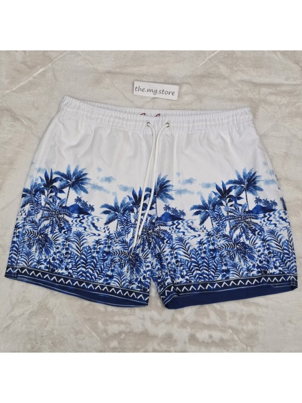Robert Graham Riviera Tropical Print White Blue Swim Shorts Men's Sz XL